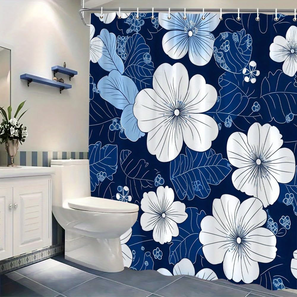Eleganter Duschvorhang mit japanischem Shibori-Muster und floralen Linienzeichnungen – Polyestergewebe,maschinenwaschbar,Badezimmerdekoration mit 12 Haken(200 x 210 cm/79 x 79 Zoll(B x H)