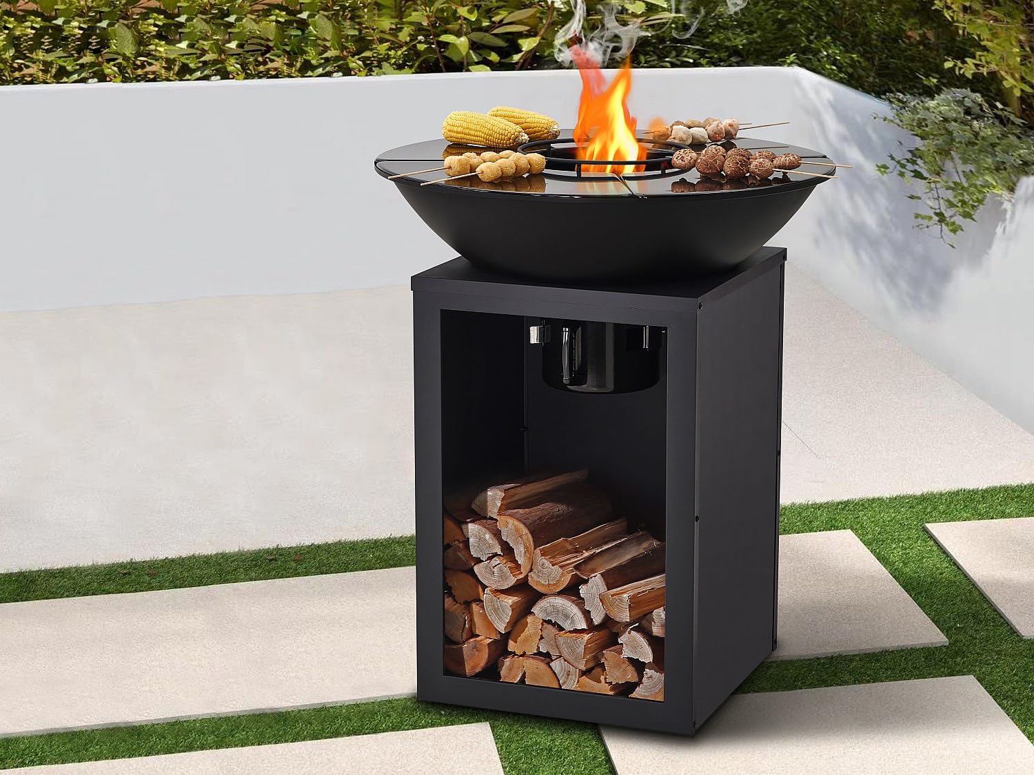 Vente-unique - Barbecue plancha brasero à charbon et bois avec rangement L80 x l80 x H95 cm noir - IGNOS