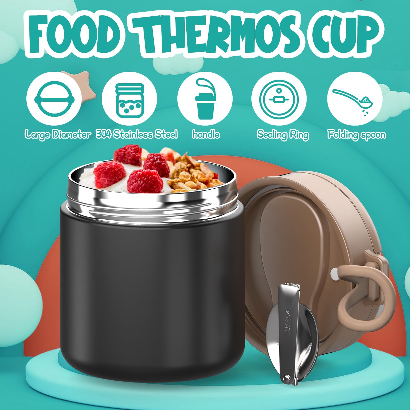 Tarro de comida aislado para sopa, recipiente de almuerzo aislado de acero inoxidable de boca ancha con cuchara plegable 7