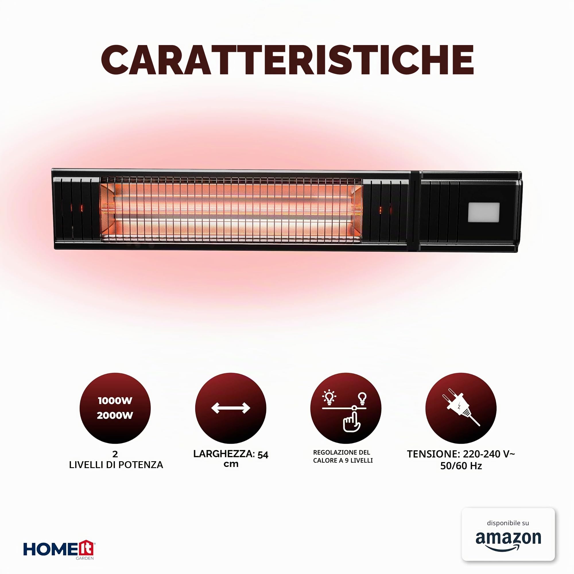 HOME It® Stufa da Esterno a Infrarossi 2000W con WiFi – Riscaldatore da Parete con Telecomando e App – Impermeabile IP65, 9 Livelli di Potenza, Timer 24H