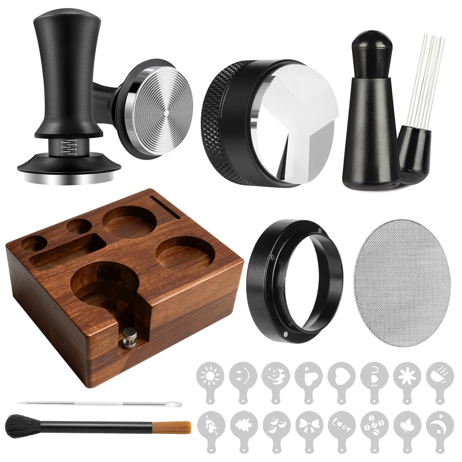 YAQUHO 9 Pcs Espresso Accessories Kit, 51mm Espresso Tamper Tools, with Wooden Espresso Tamping Station, Distributor, Stirrer, Dosing Funnel,Puck