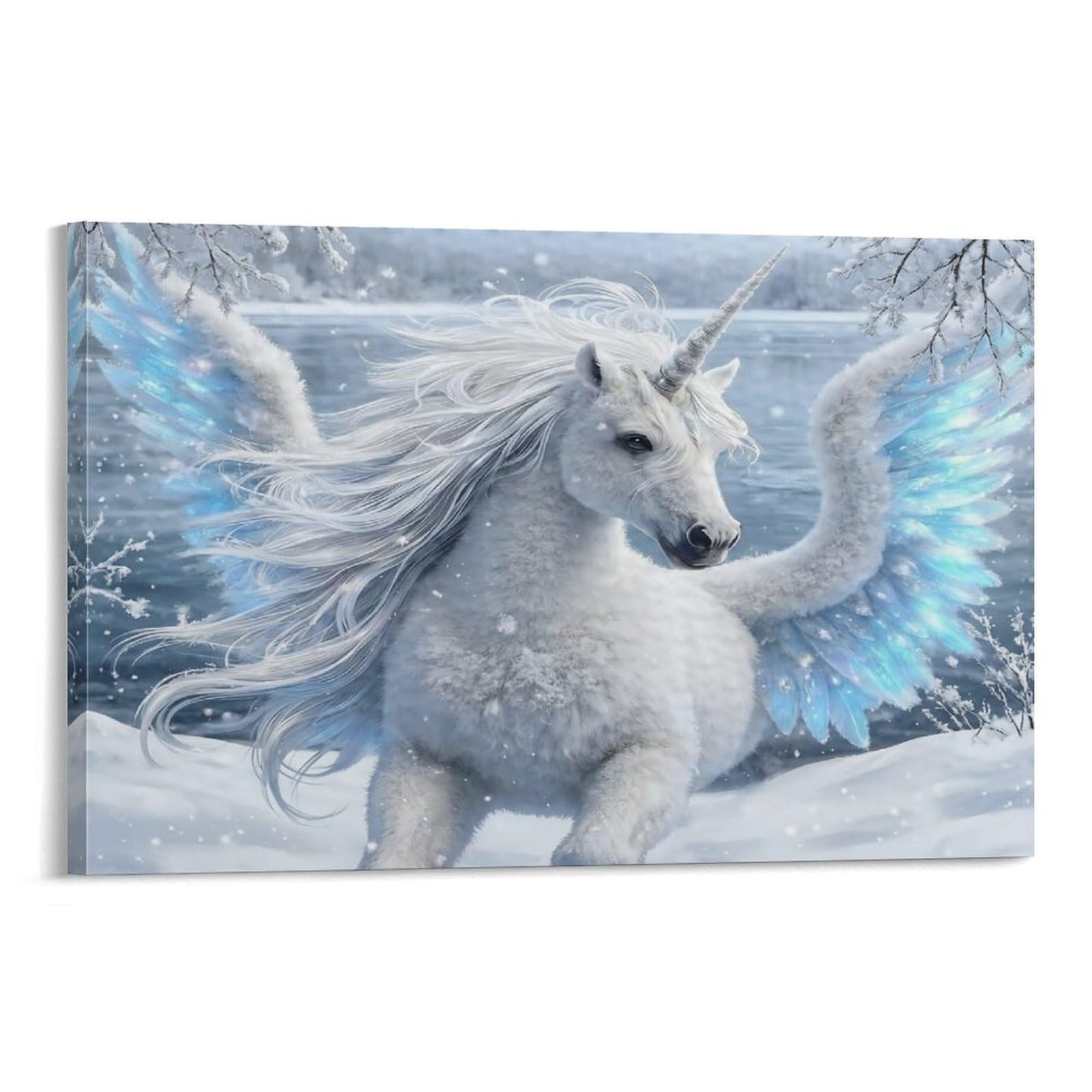 CPLVKWRQJ Snowy Unicorn Winged Single Piece Winged White Unicorn Snowy Frosty Forest Framed Wall Art - Living Room Gallery Wall Focal Point Ready to Hang Decor 20x30inch(50x75cm)