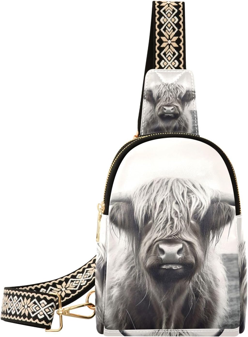 xigua Small Sling Bag for Women Highland Cow Grey Fanny Pack Faux Leather Crossbody Bags Lightweight Chest Bag