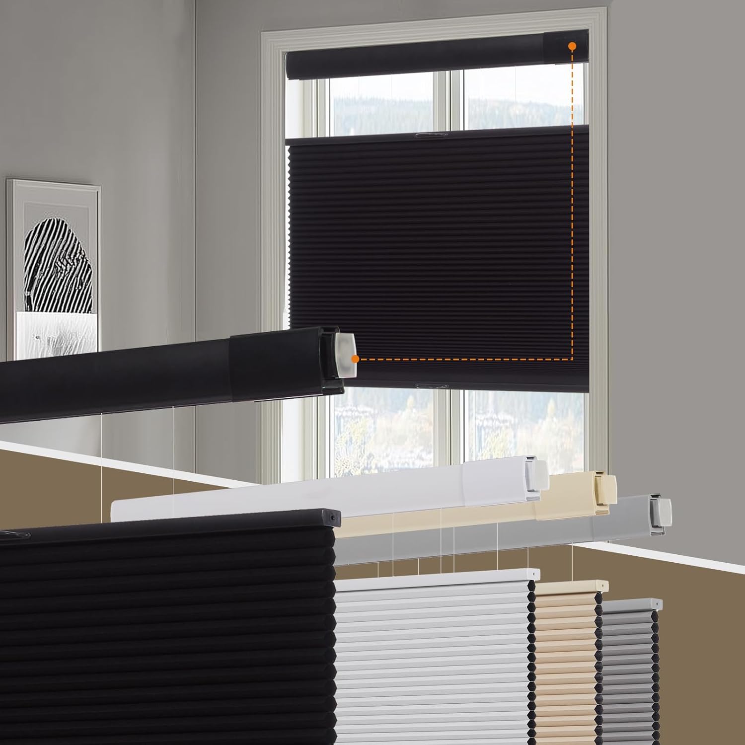 Persilux No Tools No Drill Blackout Cellular Shades for Windows Cordless Top Down Bottom Up Honeycomb Blinds,Easy to Install Cellular Blinds for Indoor Windows, Black, 34" W x 72" H 34"W x 72"H Black(blackout)