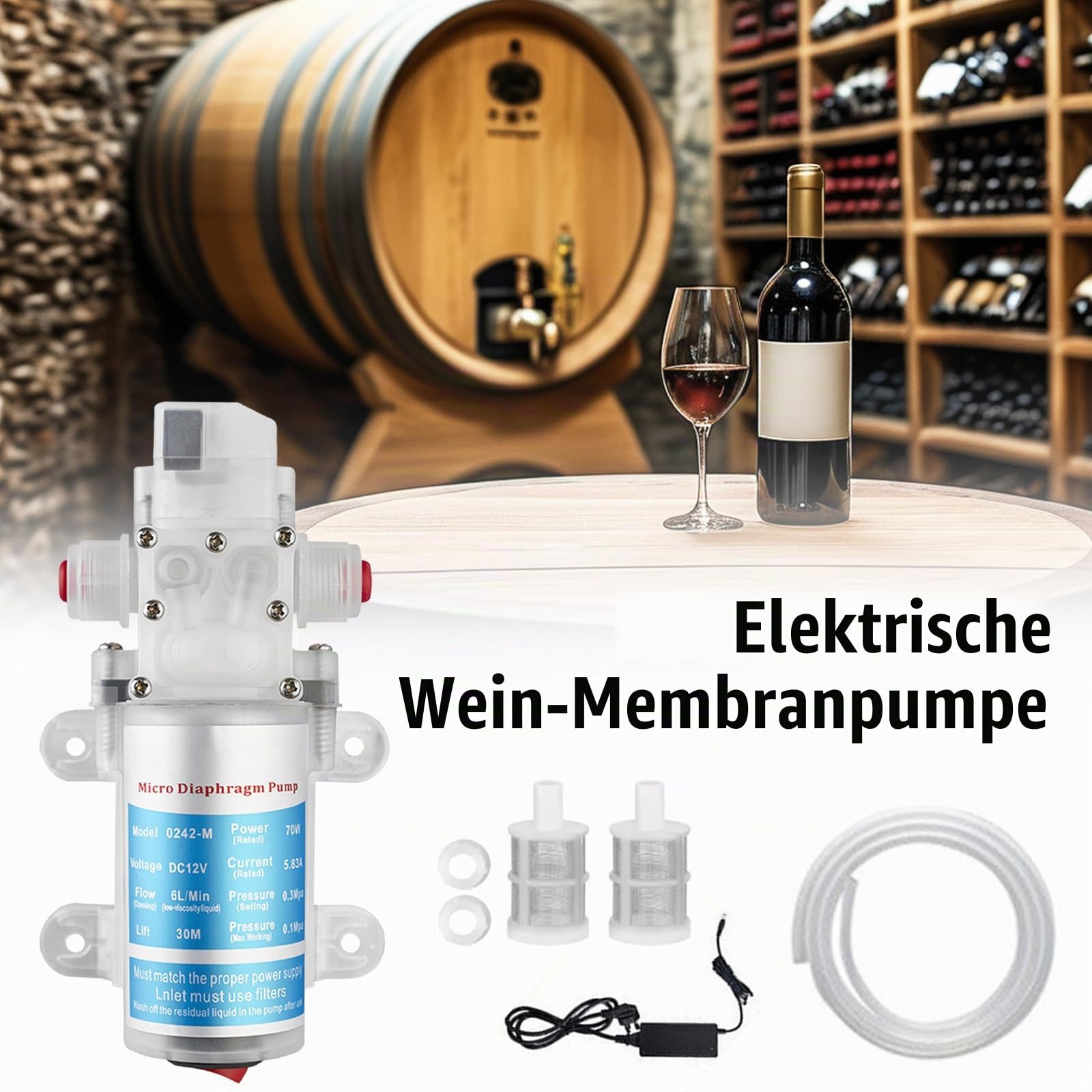 Wasserpumpe, Bierpumpe, Membranpumpe, Wein-Transferpumpe, Elektrische Weinförderpumpe Selbstansaugende Pumpe Geschwindigkeit Einstellbar mit Schlauch und Filtern zum Pumpen von Wein Bier