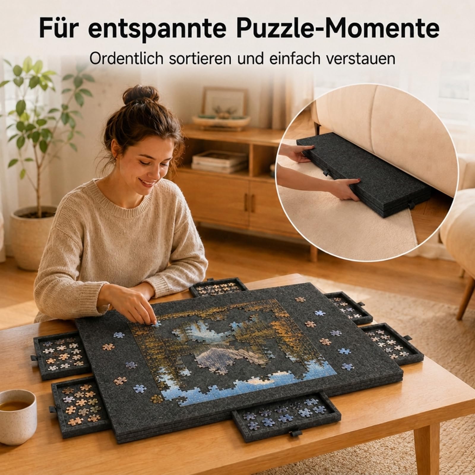 Filz Puzzlebrett Mit 6 Schubladen mit 2-in-1-Ständer und Abdeckung, Faltbarer Puzzletisch für Erwachsene, Tragbare Puzzlebrett für Puzzle bis 1000(Modell mit Schubladen Schwarz)
