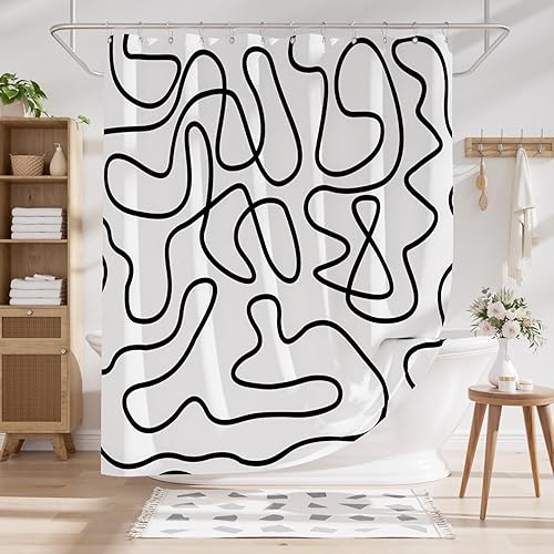 Miniatura 9 de AmazerBath Cortina de ducha, juego de cortina de ducha en blanco y negro con 12 ganchos de metal, líneas negras rústicas, cortinas de ducha de tela