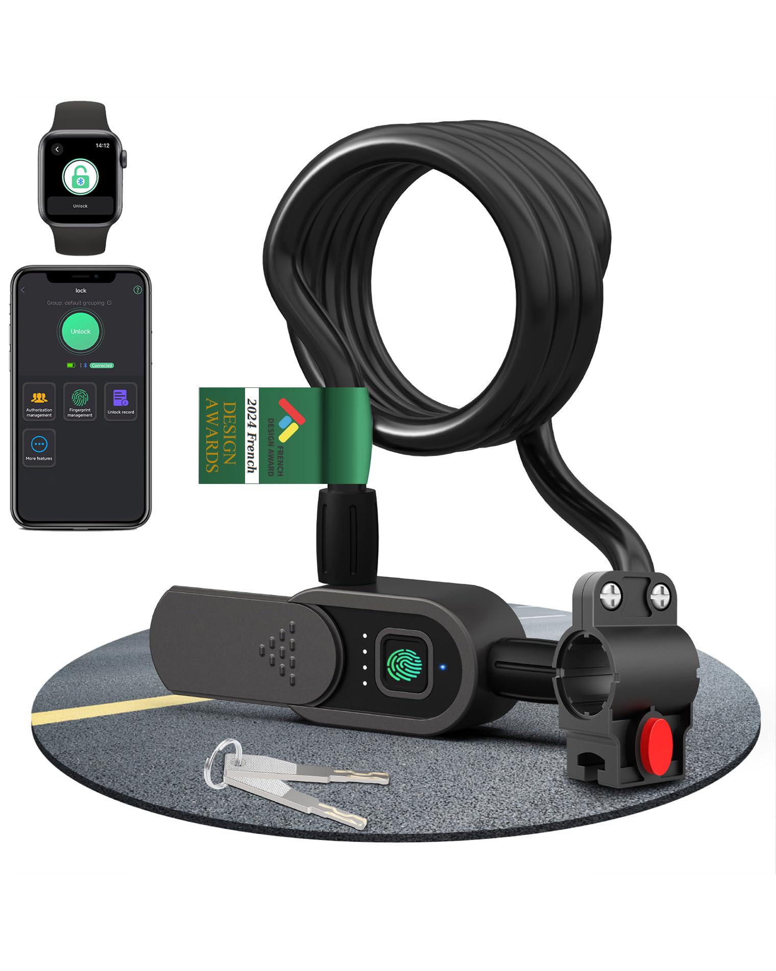 eLinkSmart - Lucchetto impermeabile con cavo in acciaio lungo 150 cm, per bicicletta, scooter, moto, porta, recinzione, cancello, app per telefono e orologio iOS, sblocca USB C