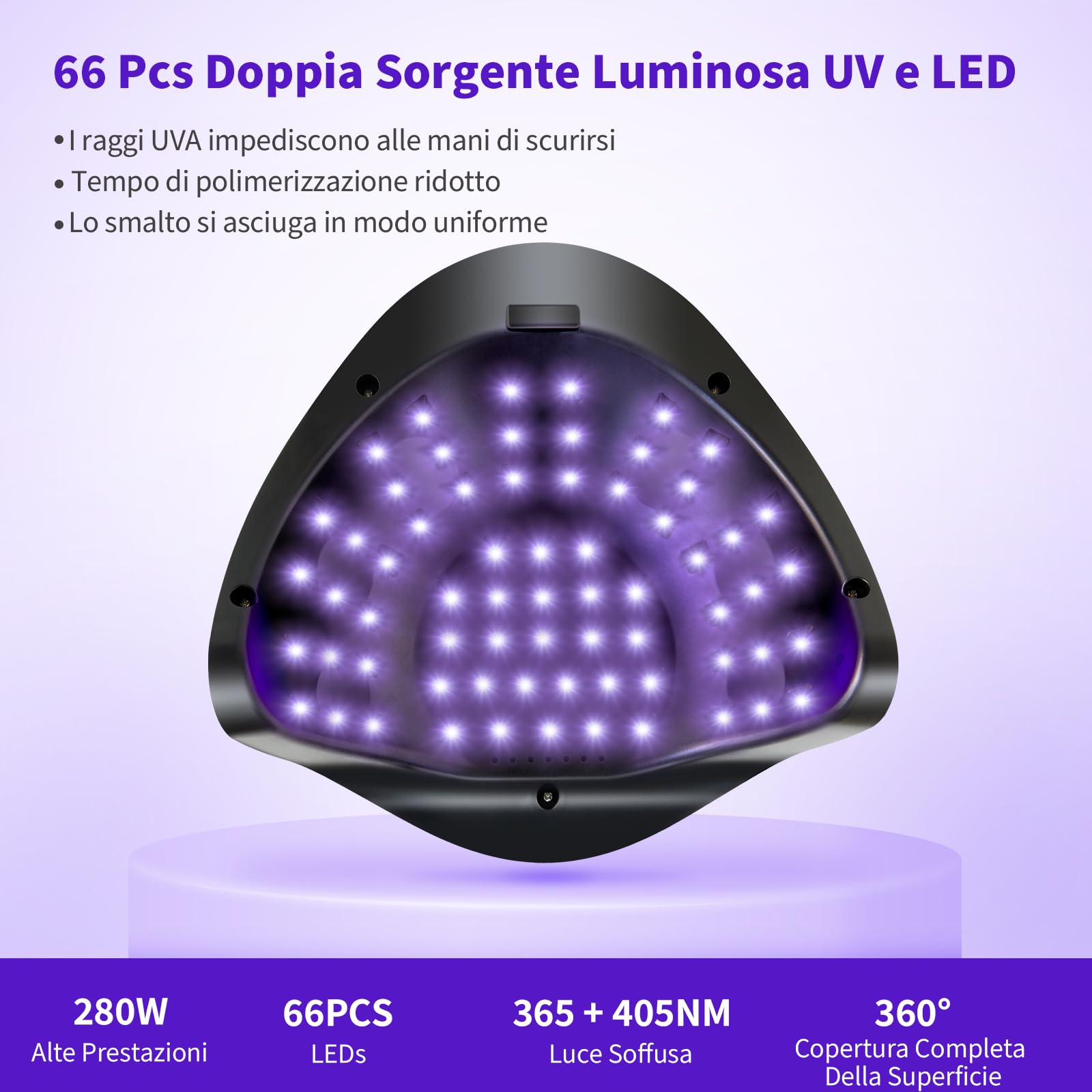 220W Lampada UV Led Unghie, Lampada UV per Unghie in Gel, Fornetto Unghie Semipermanente, UV Lamp Nails per Unghie Professionale con 66 Perline LED, 4 Timer, Sensore Automatico