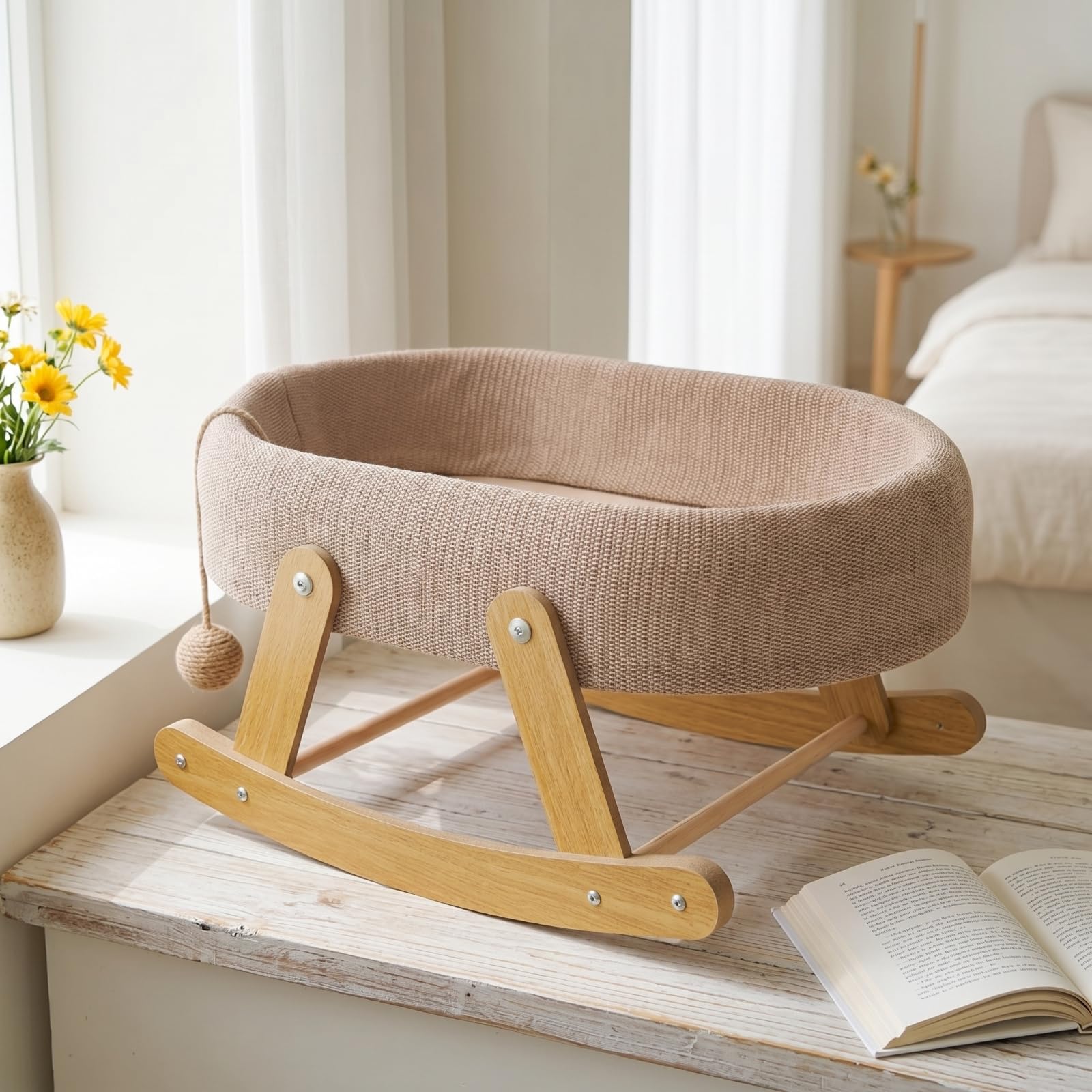 Colcolo 1 Pezzo Amaca Letto Rete per Gatti Culla Dondolo Ovale Cuccia Sospesa Ventilata Base a Dondolo in Legno Bordo Cushione, Culla A Dondolo In Tessuto A Rete Modello In Lino