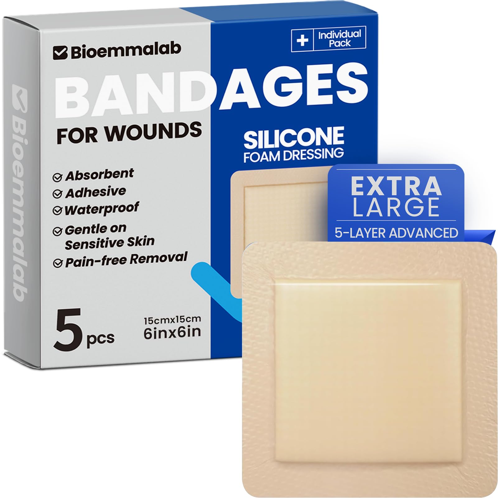 Large Waterproof Bandages 6x6 Silicone Foam Dressing Sensitive Skin, 5 PCS