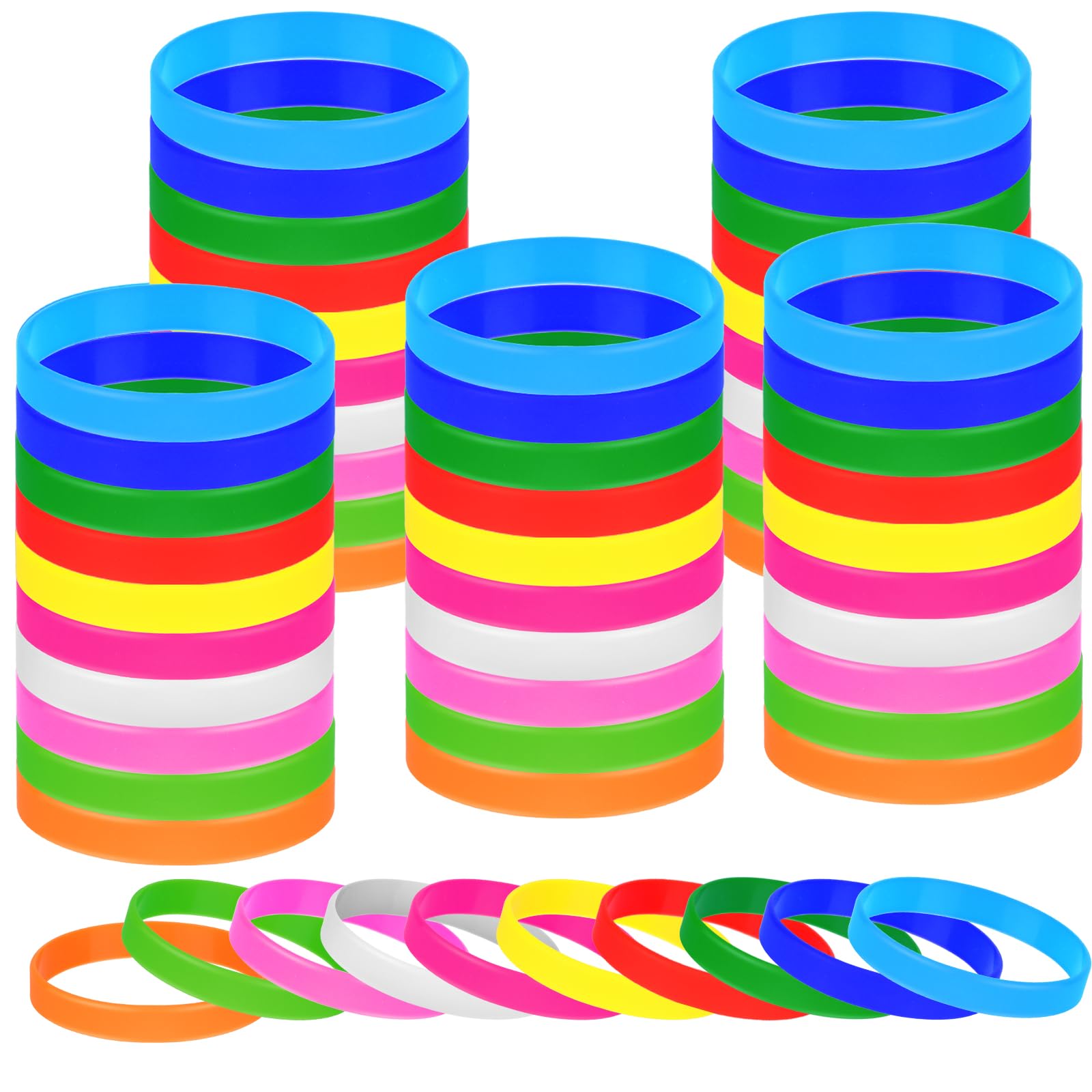 50 Pieces Solid Color Rubber Bracelets Silicone Wristbands, Stretch Colored Rubber Bracelets-10 Mix Colors
