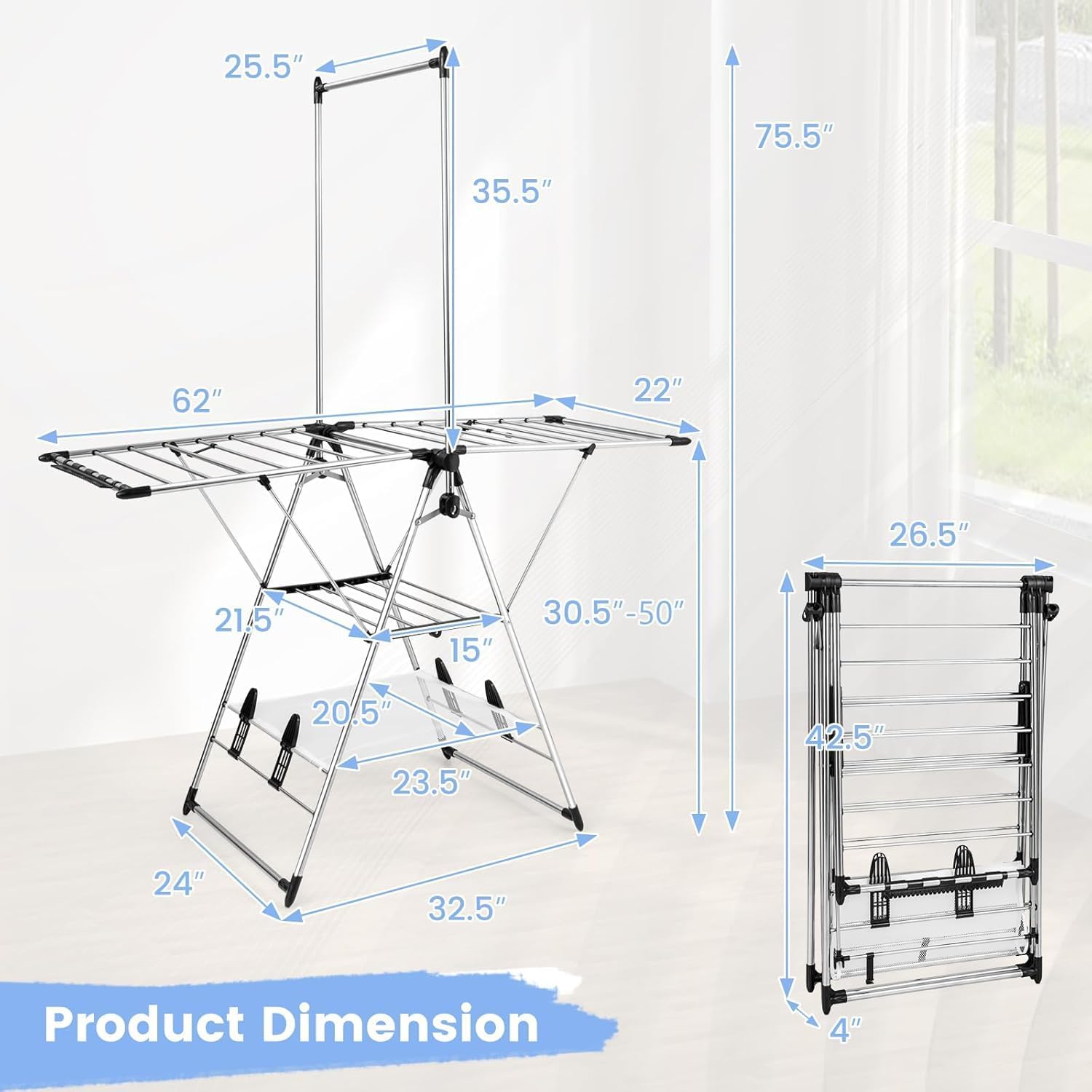 Nightcore Clothes Drying Rack, Foldable 2-Layer Aluminum Drying Rack, Free Standing with Hanging Bar & Height Adjustable Wings, Drying Rack Clothing for Indoor Outdoor