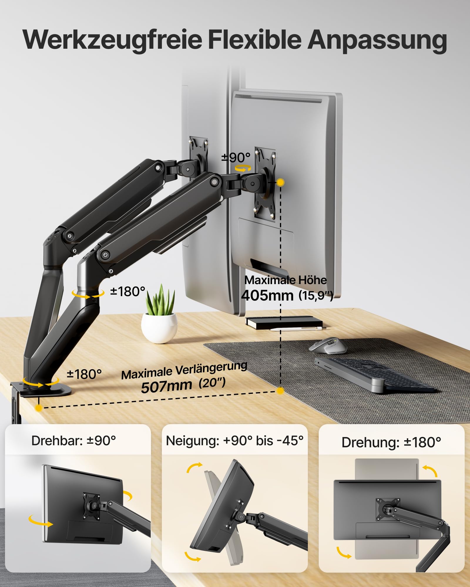 monTEK Soporte Monitor Doble 17 à 32", VESA75/100,Carga máx de 9Kg | Soporte Para Pantalla, Brazo Ajustable, Orientable, Inclinación de +90° a -45°, Fijación Mediante Abrazadera u Ojal