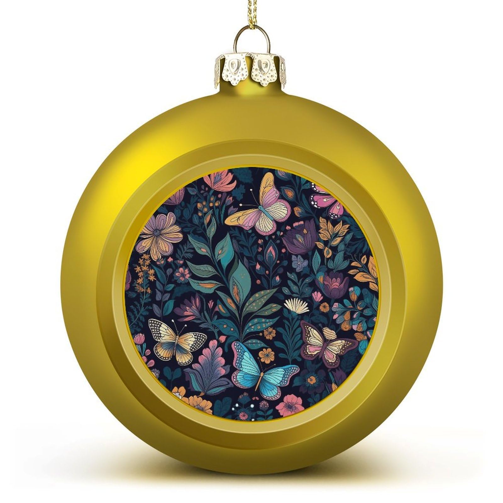 Boules de Noël fleurs bleues et jaunes contre sapin monotone