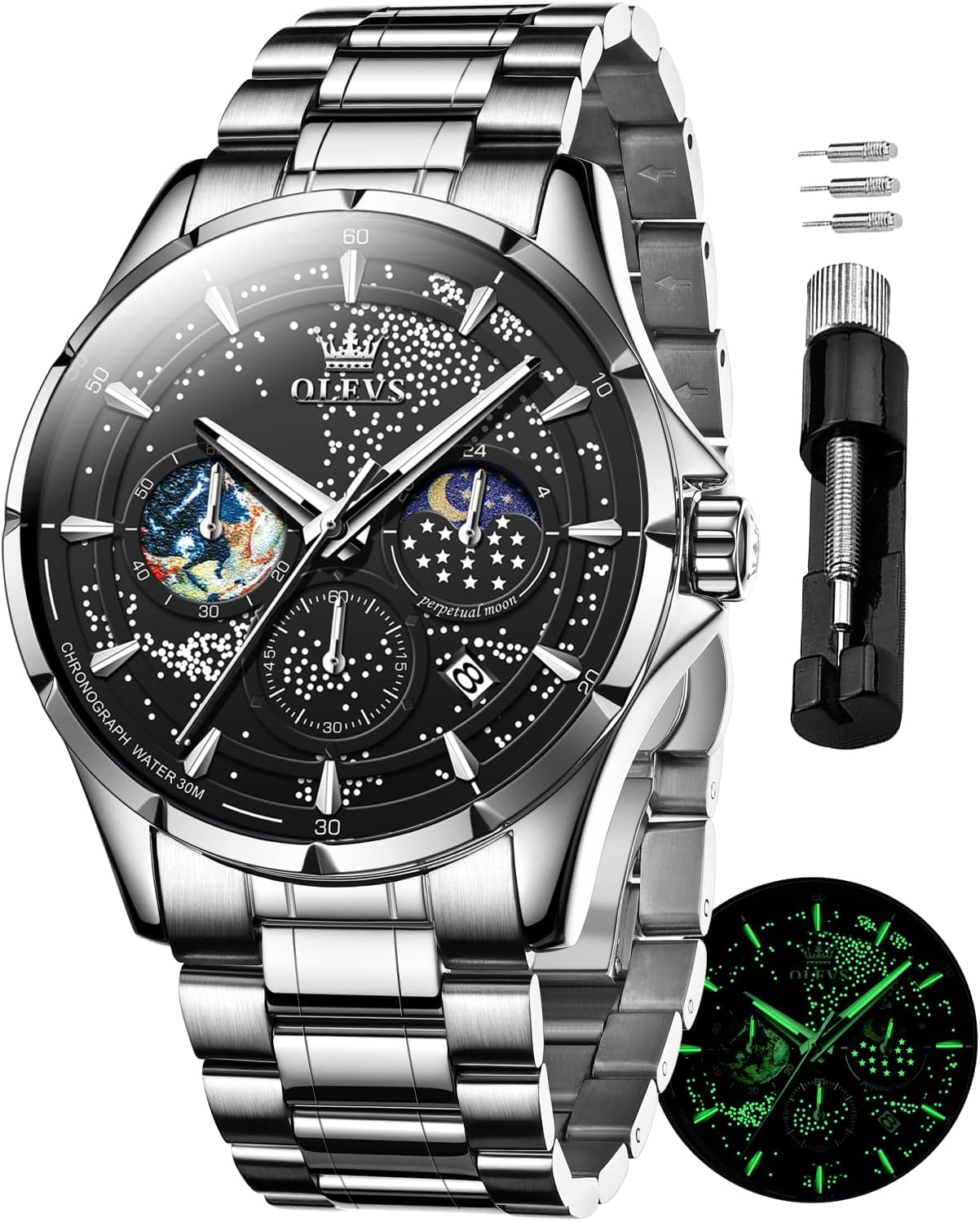 OLEVS Mens Watches Starry Sky Moon Phase Dial Luxury Business Dress Analog Quartz Classic Casual Date Wrist Watches Waterproof Luminous