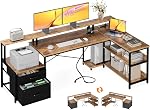 ODK L Shaped Desk with File Drawer, 75" Reversible L Shaped Computer Desk with Power Outlet, Office Desk with Storage Shelves & Monitor Shelf, Corner Desk, Grey Oak