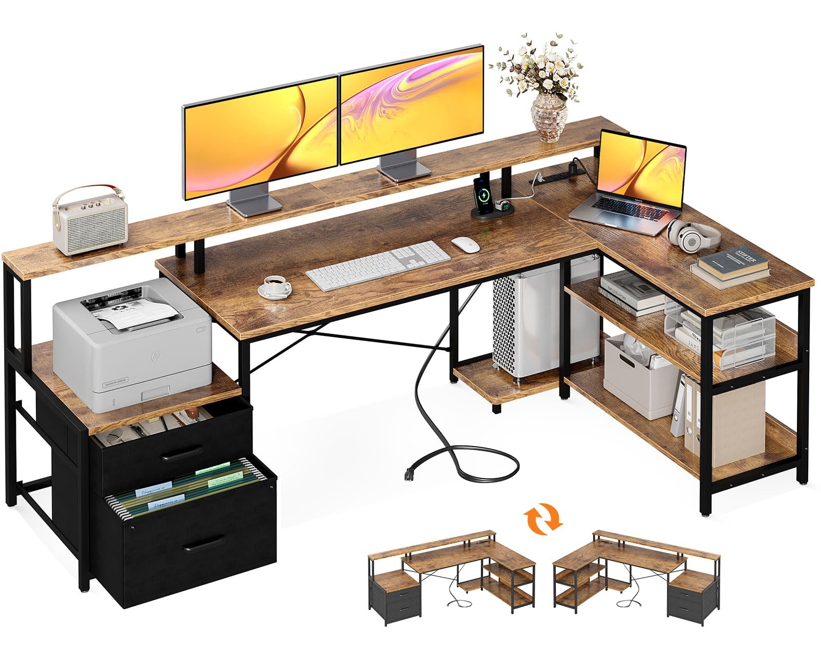 ODK 75" L Shaped Desk with File Drawers, Work from Home Office Desk with Power Outlet, Reversible Computer Desk with Storage Shelves, Gaming Desk with