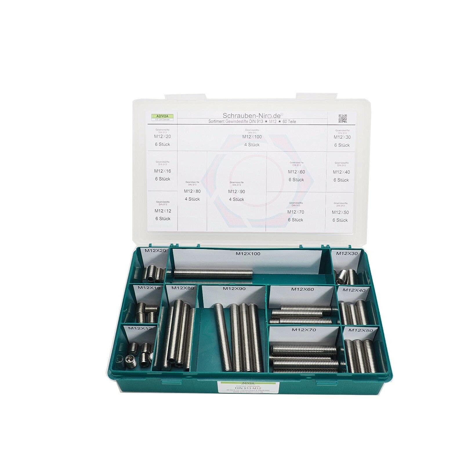Sortiment/Set Edelstahl Madenschrauben DIN 913 - M12 - VA A2 V2A - Gewindestifte mit Kegelkuppe - 60 Teile