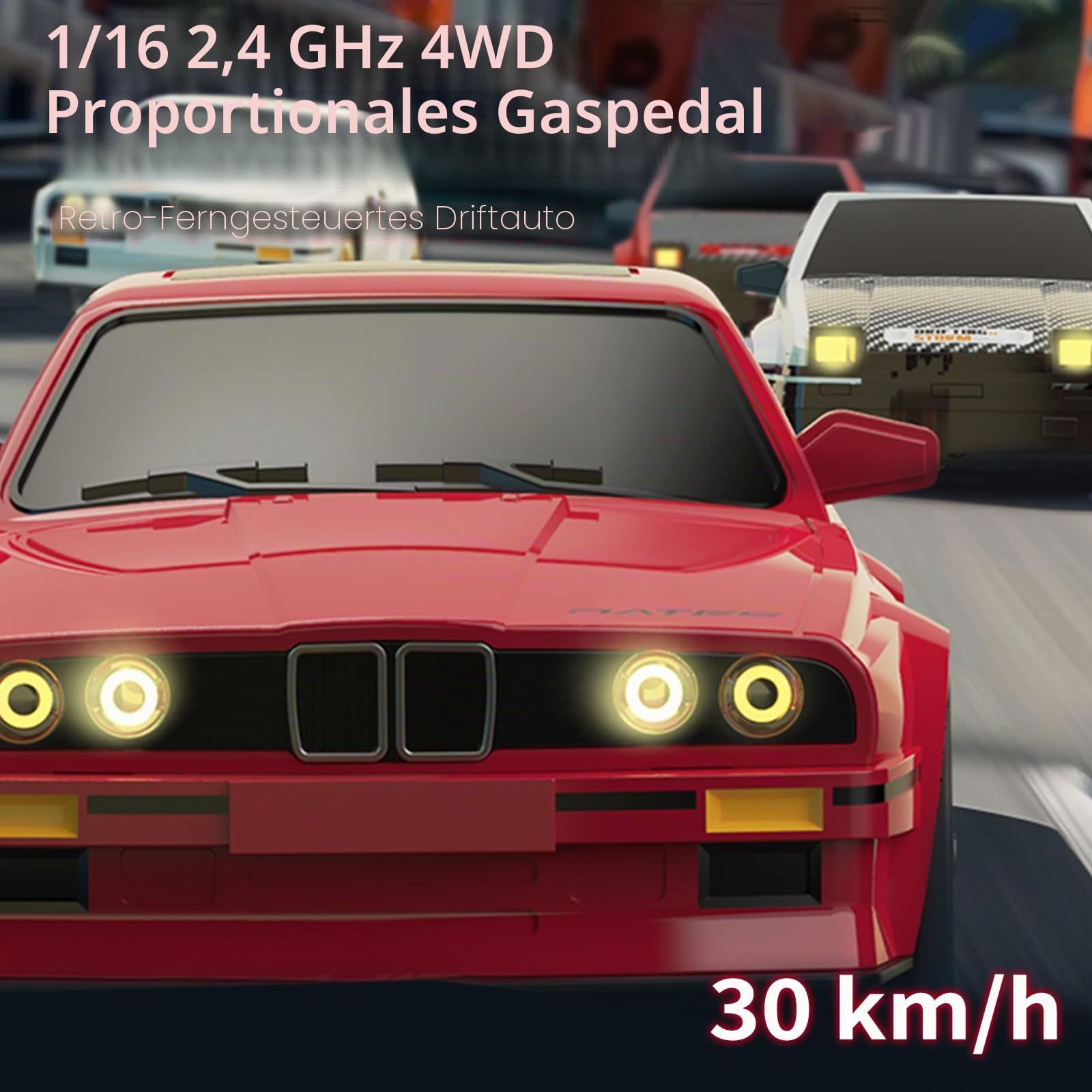 Drift Auto, 30 km/h RC Drift Car 1:16 2,4 GHz Ferngesteuertes Auto 4WD RC Auto Drift Car mit LED Licht, 4 Rennen und Drift-Rädern, Cooler Roter Retro Stil