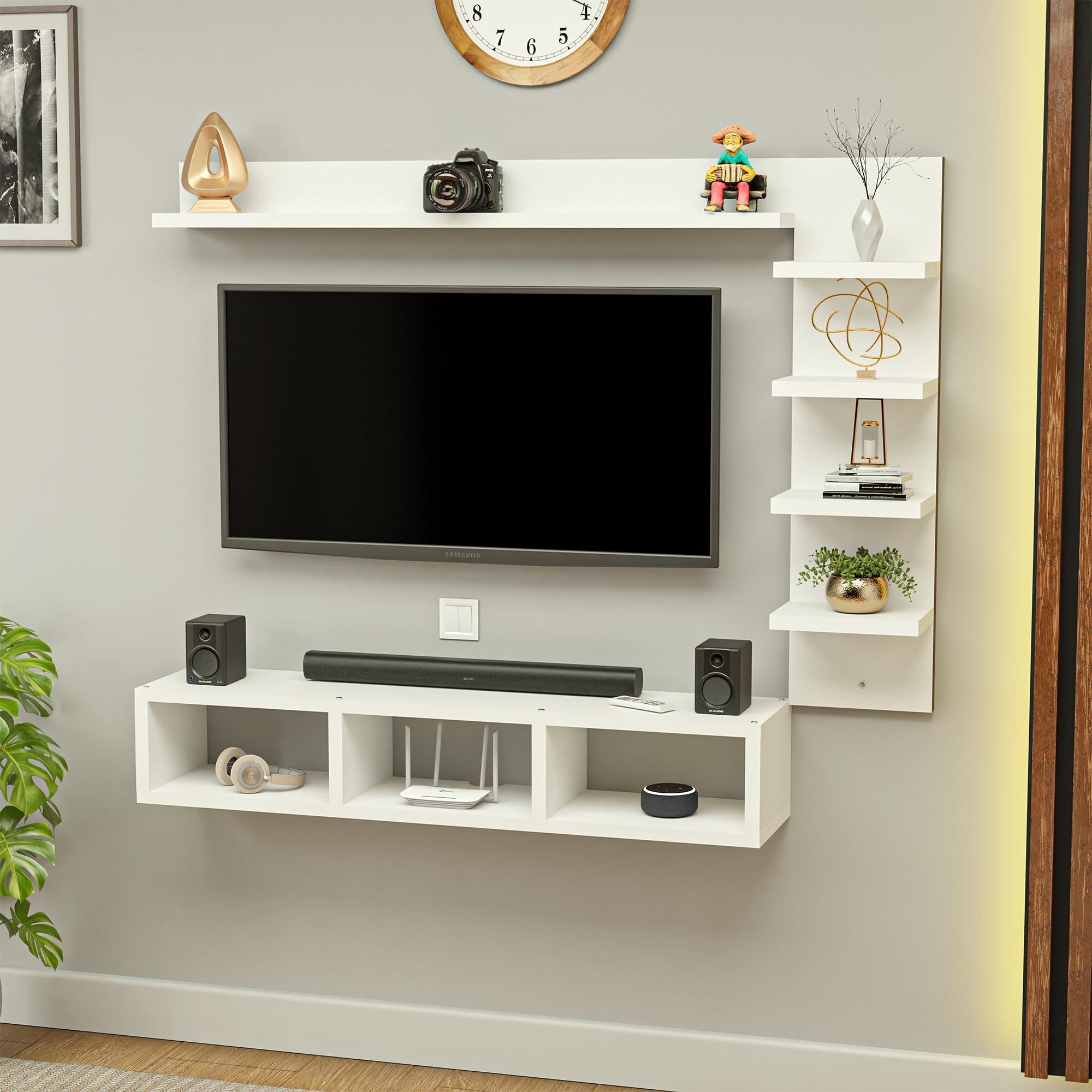 Kuber Industries 13 Pcs Engineered Wood 32 Inch Wall Mount Tv Unit/Rack/Frame Furniture for Living Room | Tv Cabinet with Storage Shelves for Books & Home Decor Showcase | White-image-3