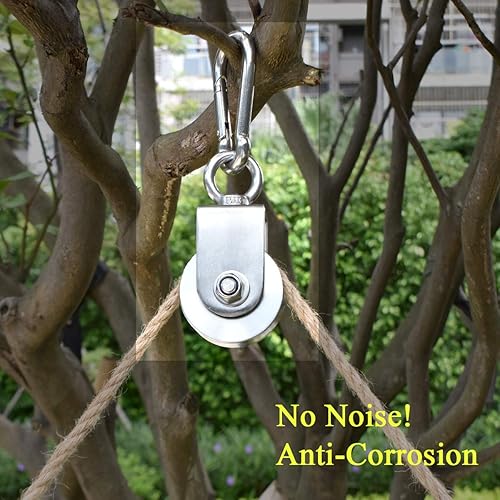 Miniatura 25 de Bloque de polea individual Rueda de tracción de rotación de 360 grados, gancho giratorio de acero inoxidable y mosquetón resistente para línea