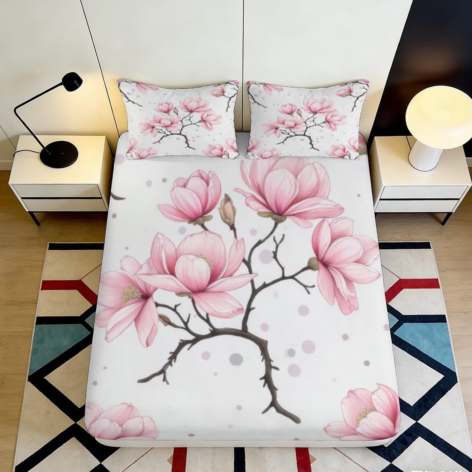 Jqzkxnhpbr Style-4 3D Printed Pink Magnolia Fitted Sheet Microfiber Soft Anti-Slip Bird Branch Bed Cover Washable For Bedroom Guest Room Decor 90X200x25cm