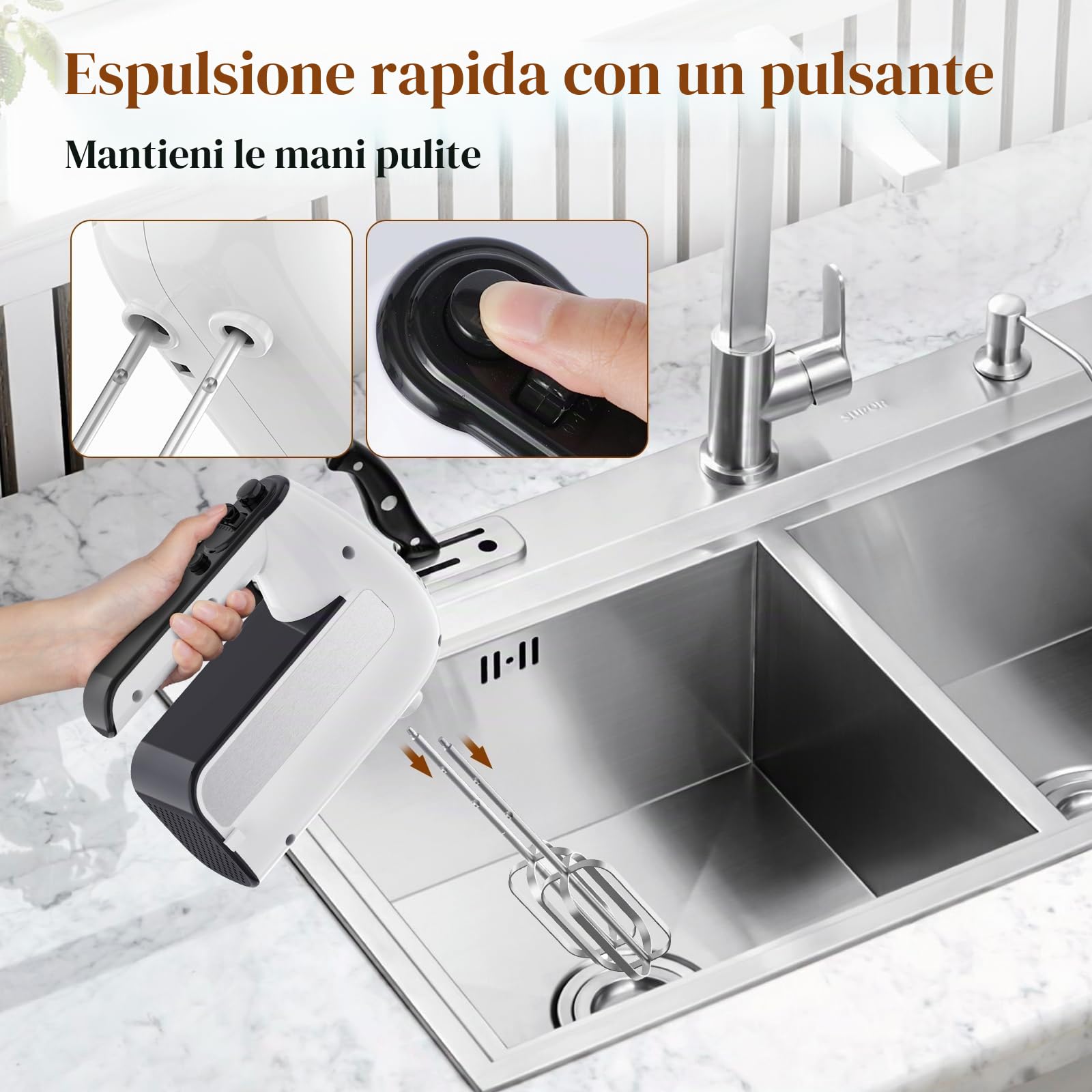 Miscelatore manuale elettrico a 5 velocità, miscelatore portatile da 800 W con turbo per cottura e cottura, miscelatore da cucina con custodia e 6 accessori in acciaio inossidabile (2 fruste, 2 ganci