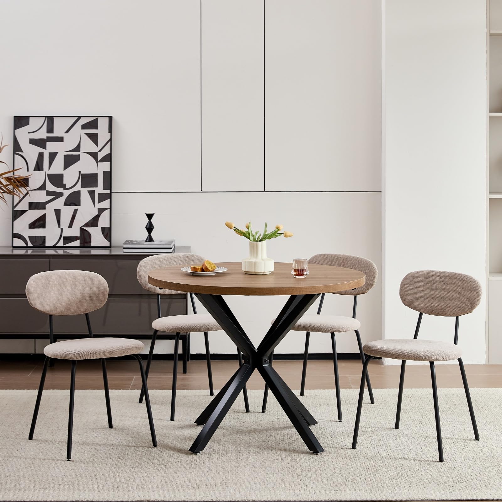 Juego de 4 Sillas de Comedor, Silla de Cocina Apilable, Silla Tapizada de Ocio con Patas de Metal Negro para Sala de Estar, Comedor, Cocina, Dormitorio - Caqui