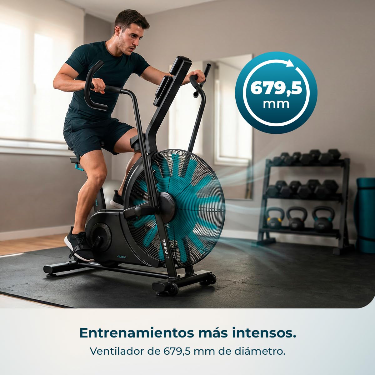 Cecotec Bicicleta de Aire Drumfit WOD Rider Ultimate. Ventilador 679.5mm, Pedaleo Bidireccional, Sistema de Doble Correa, Pantalla LCD HD, Compatible APP Mambo, hasta 150kg y 190cm de Altura