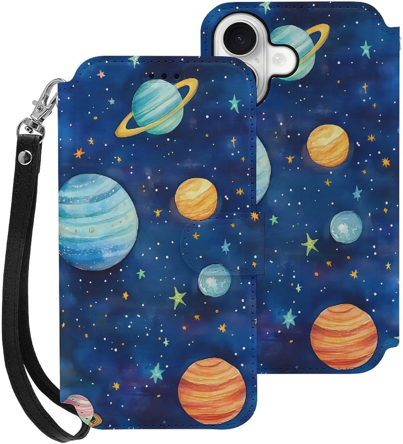 Watercolor Galaxy Solar System Compatible with iPhone 16/16 Plus/16 Pro/16 Pro Max/16 E Case Phone Wallet Card Holder Flip Cover with Wrist Strap