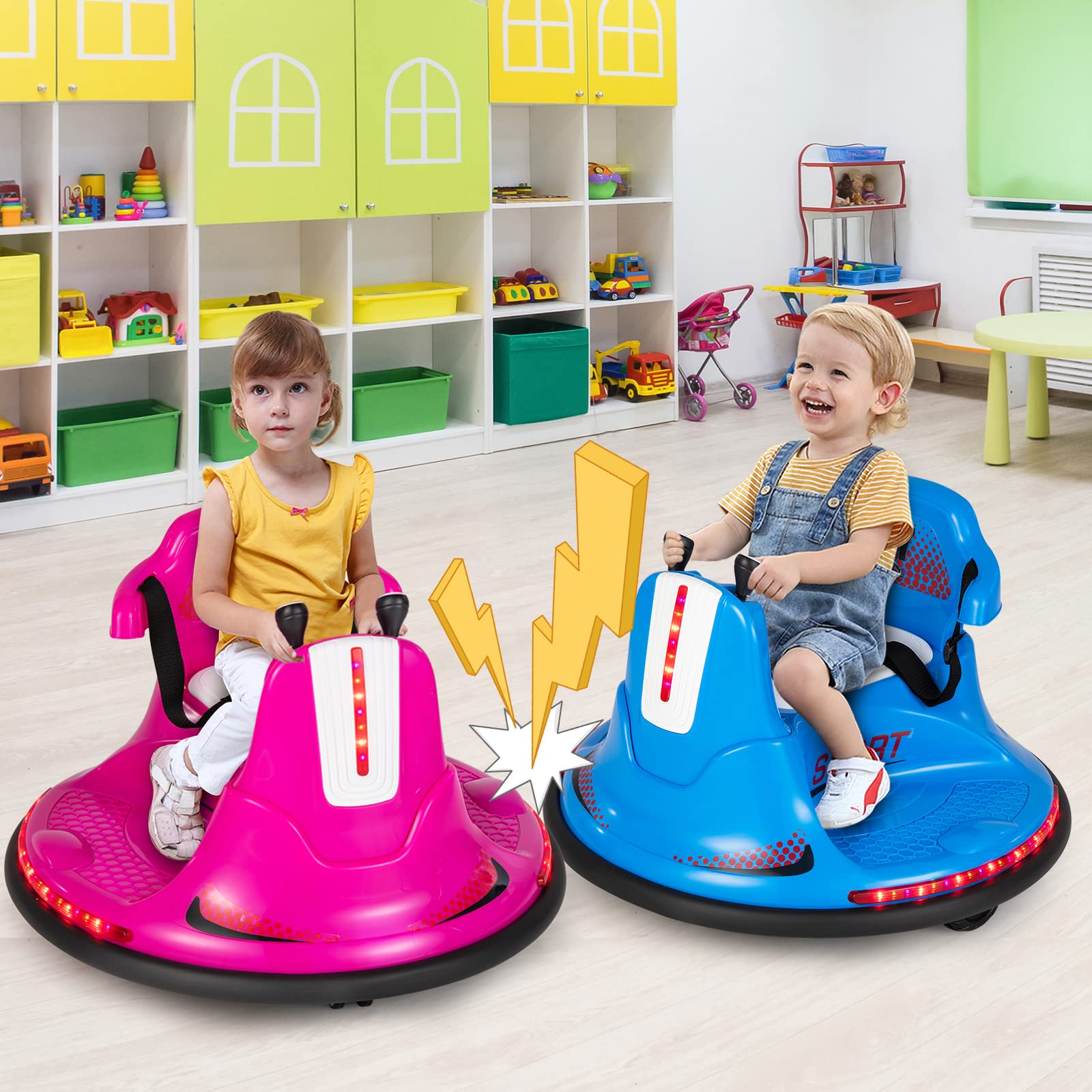 COSTWAY 6V Autoscontro Elettrico per Bambini, Veicolo Elettrico con Telecomando, Girevole a 360°, Luci LED Colorate e Cintura di Sicurezza Regolabile, 37-95 Mesi (Blu)