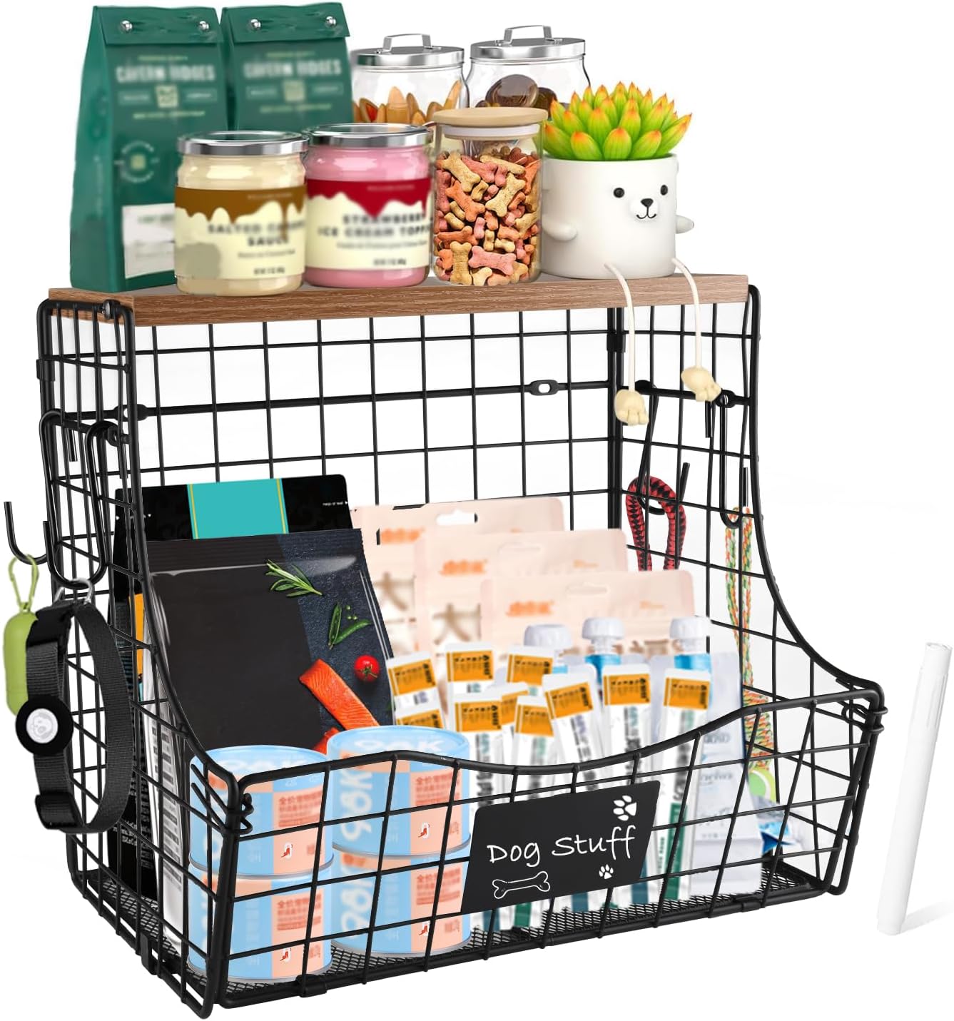 Geyecete pet supplies wall basket storage storage basket Wall wire basket with Wood Lid Nameplat storage rack multifunctional countertop organizer