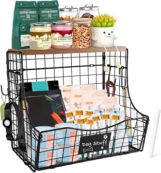 Geyecete pet supplies wall basket storage storage basket Wall wire basket with Wood Lid Nameplat storage rack multifunctional countertop organizer