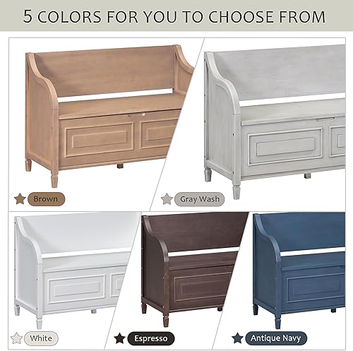 Miniatura 7 de Banco de almacenamiento de madera con armarios de zapatos debajo del asiento y bisagra de seguridad, banco de almacenamiento multifuncional para