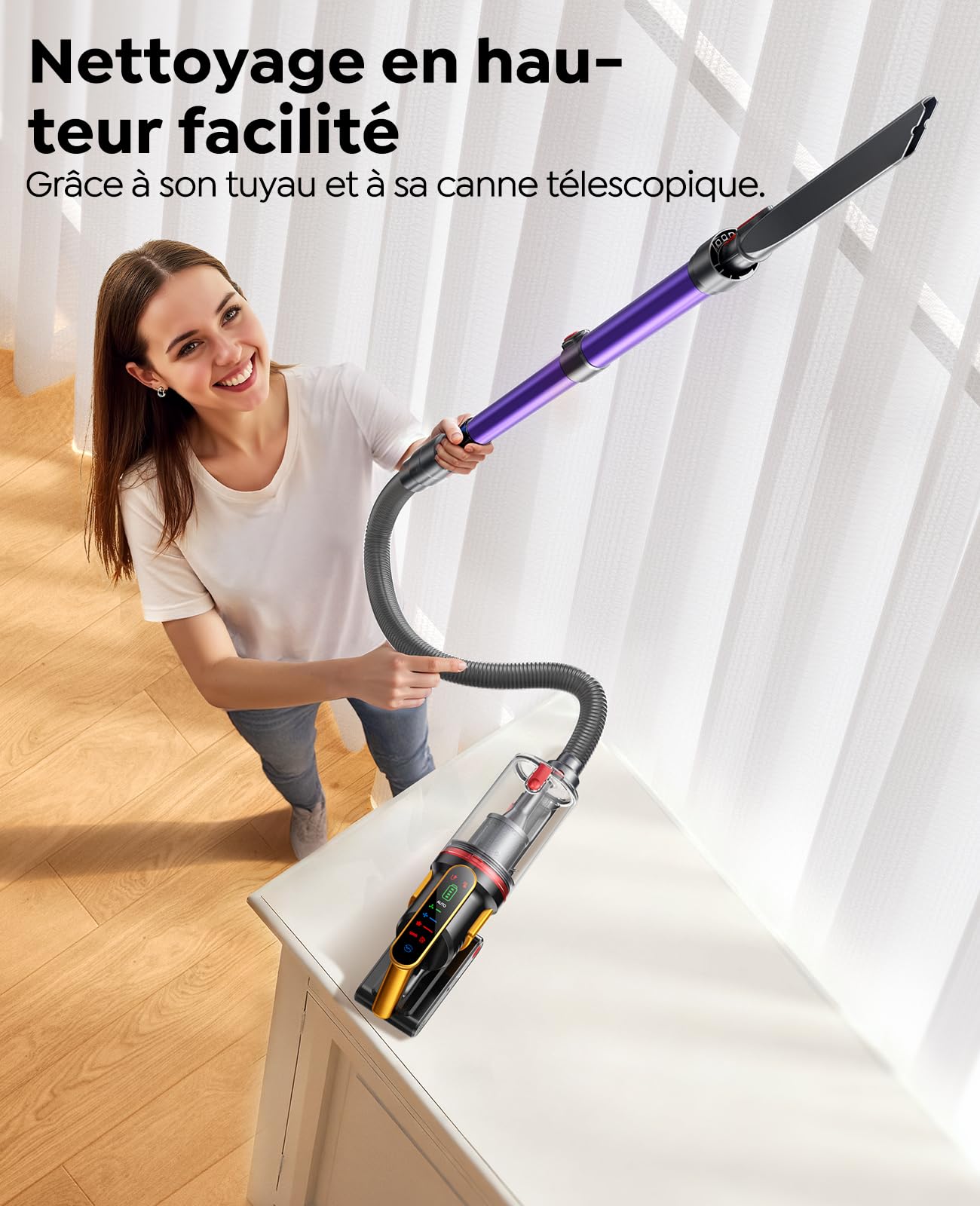 Fieety 50kPa/600W Aspirateur Balai sans Fil, 65Min Aspirateur sans Fil Puissant avec Brosse pour Animaux Tuyau Recharge Murale Mode Automatique Parfumé pour Poils d’Animaux Tapis Sols Durs et Voiture
