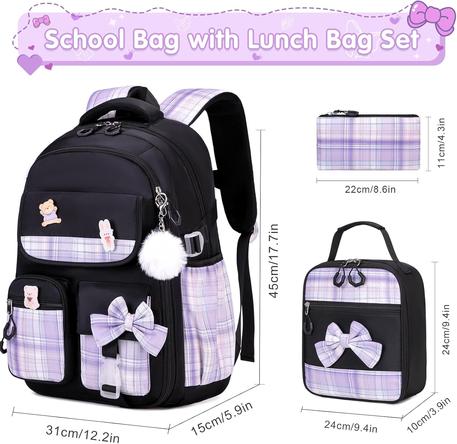 Girls Backpack - 3PCS Backpack for Girls Cute School Backpacks for Kindergarten Elementary Preschool Middle Kids School Bags with Lunch Box Pencil Case Set (Black Purple)
