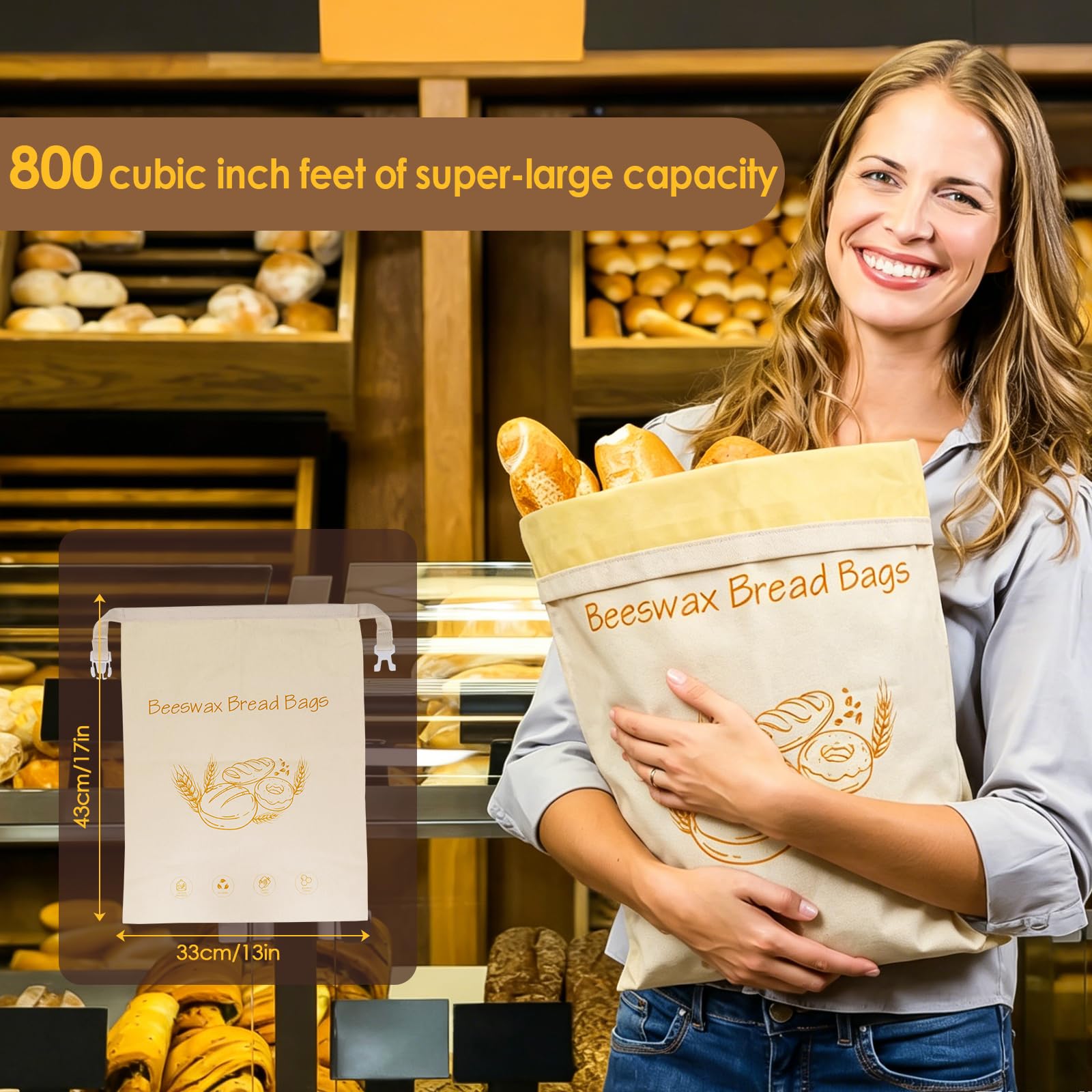 2-Pack Reusable Beeswax Bread Bags - Large 17x13 Inch for Sourdough & Homemade Bread Storage | All-Natural Beeswax Preservation, Eco-Friendly Cotton Food Bags - Easy to Clean & Daily Use - 2