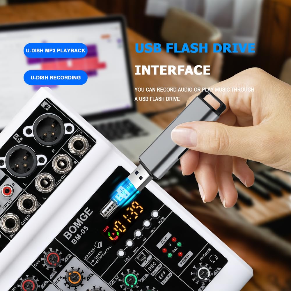 BOMGE Mixeur Audio, Table de Mixage Son avec 5 Canaux Numériques USB Bluetooth, Effet de Retard d’Écho, Alimentation Fantôme 48V, Mixeurs DJ Stéréo pour Enregistrement, Diffusion en Direct, Podcast