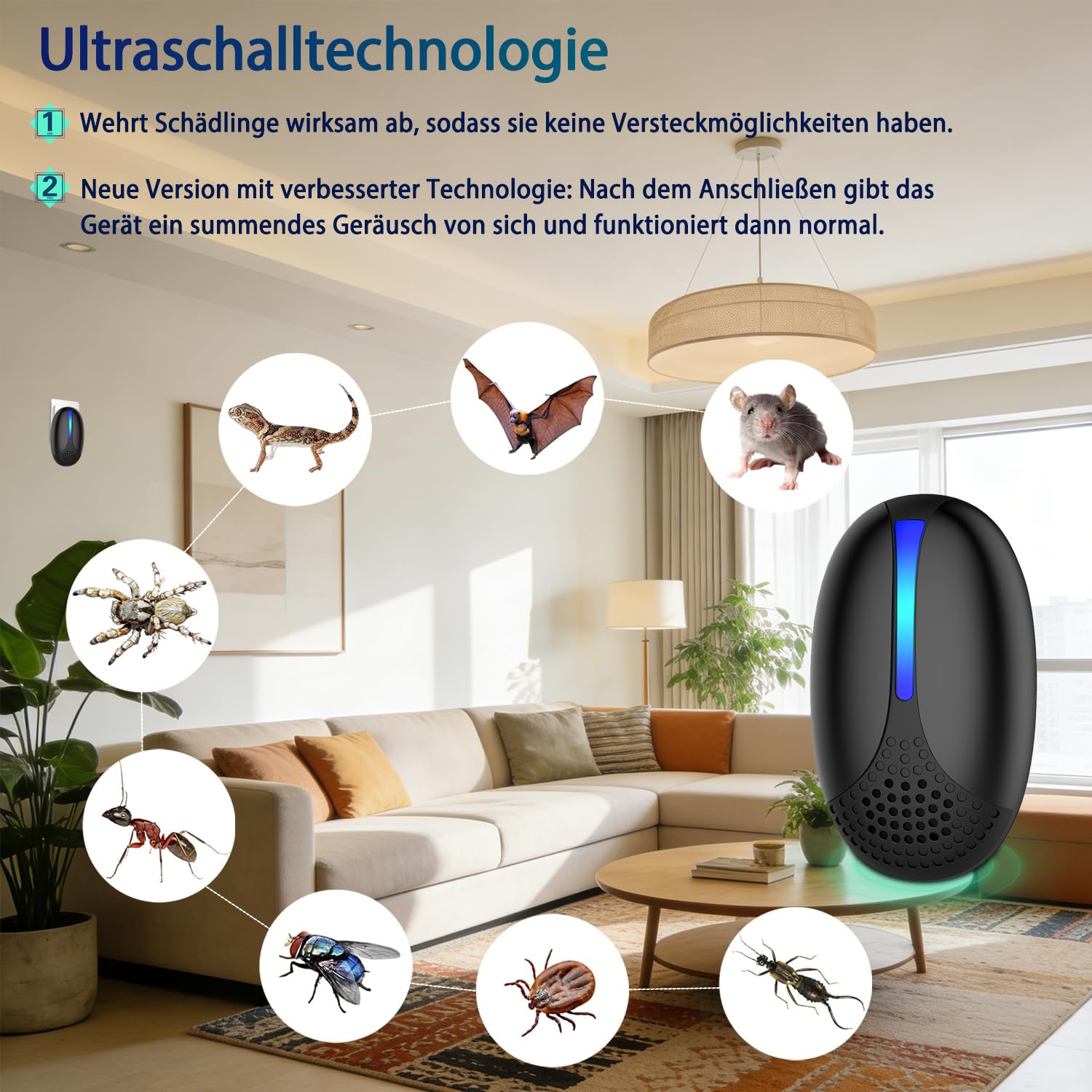 Lot de 6 répulsifs à ultrasons - Répulsif à souris et répulsif électronique contre les souris, rats, moustiques, cafards, araignées - Pour intérieur (noir)