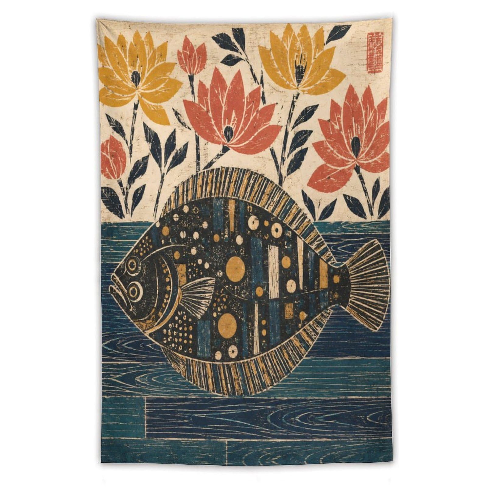 H3B8U2Y5 Folk Art Flounder Wall Tapestry, Realistic Illustration, Office