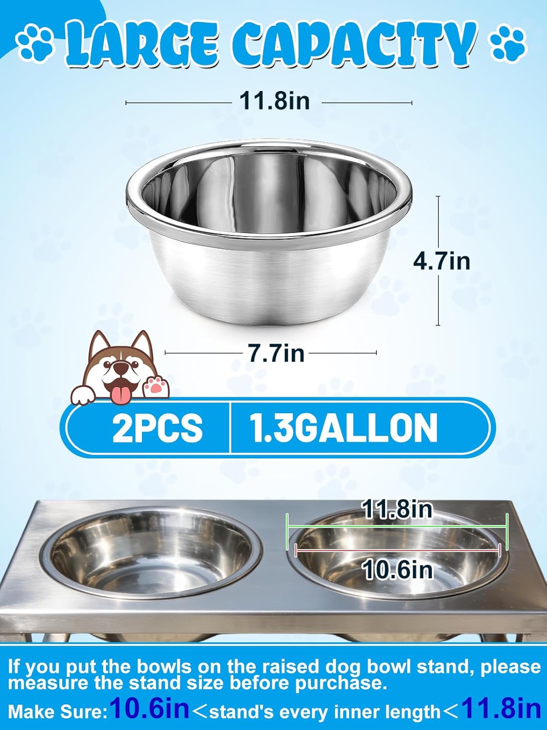 2Pcs 1.3 Gallons Large Dog Bowls - Food Grade Stainless Steel Metal Water Bowl, Ample Capacity & Easy to Clean Food Bowls for Large X-Large Dogs Indoor Outdoor