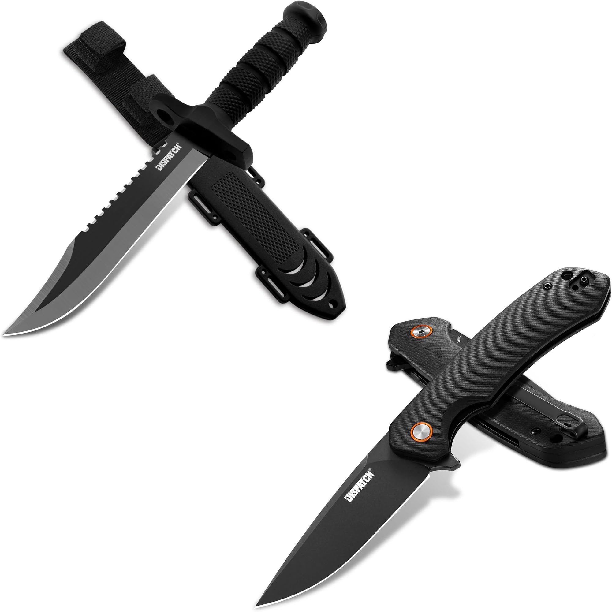 DISPATCH-12 inch Fixed Blade Tactical Bowie Knife with Sharp Black Folding Pocket Knife EDC Knife