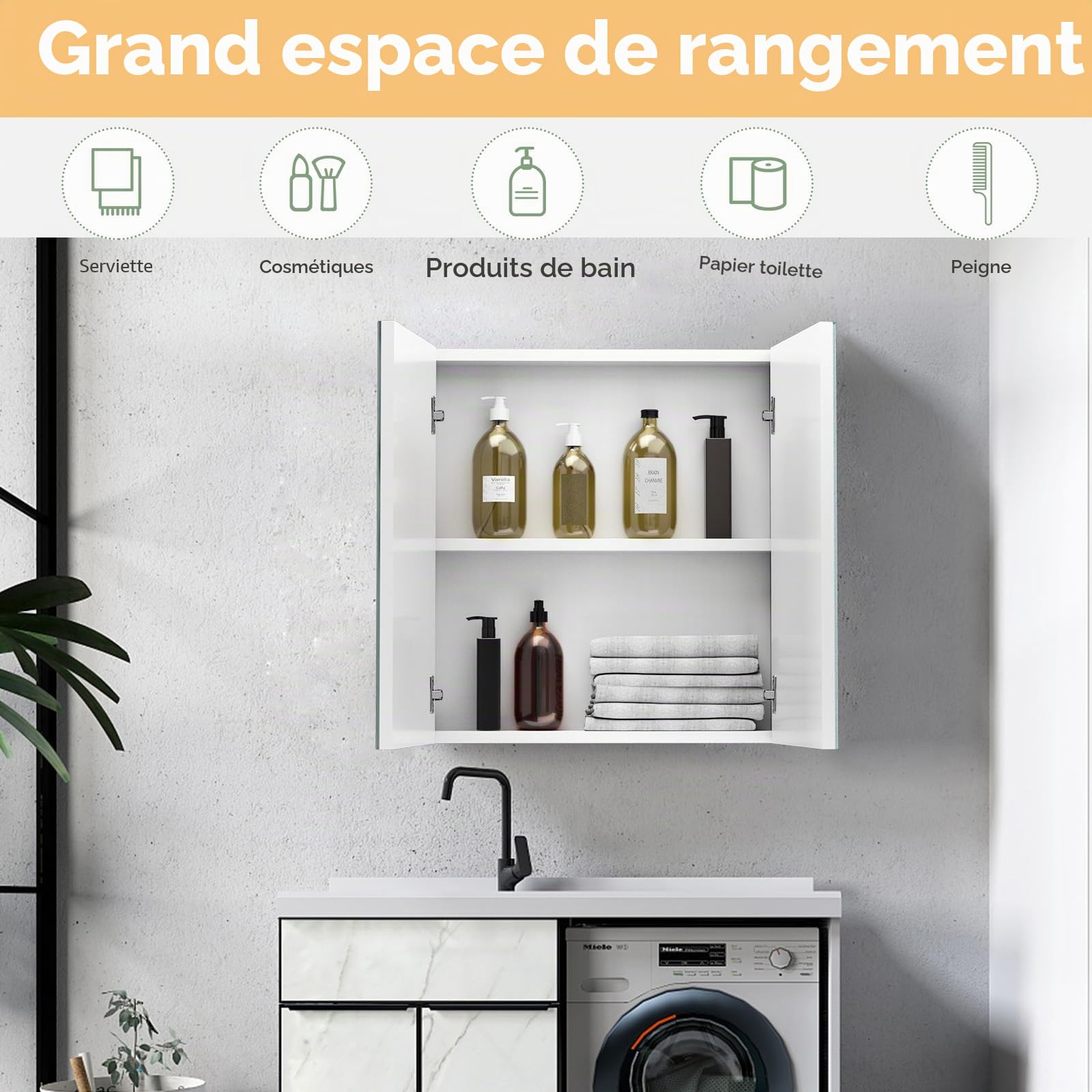 LIFEZEAL Armoire avec Miroir de Salle de Bain, Armoire Murale avec 2 Portes et 2 Étagères, Meuble WC Suspendu, 62 x 11,3 x 65 cm, pour Salle de Bain, Chambre à Coucher (Blanc)