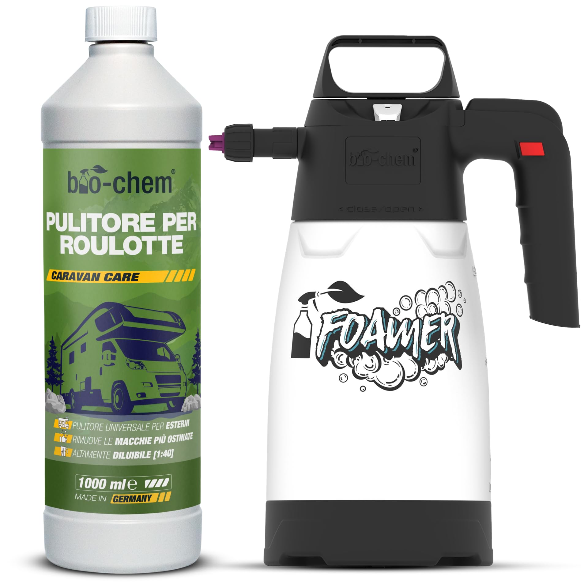 bio-chem - Prodotto per la Pulizia di roulotte e Camper 1L + spruzzatore di Schiuma 1,5L - Detergente per Caravan, Tende da Sole - Manutenzione dei Veicoli da Campeggio