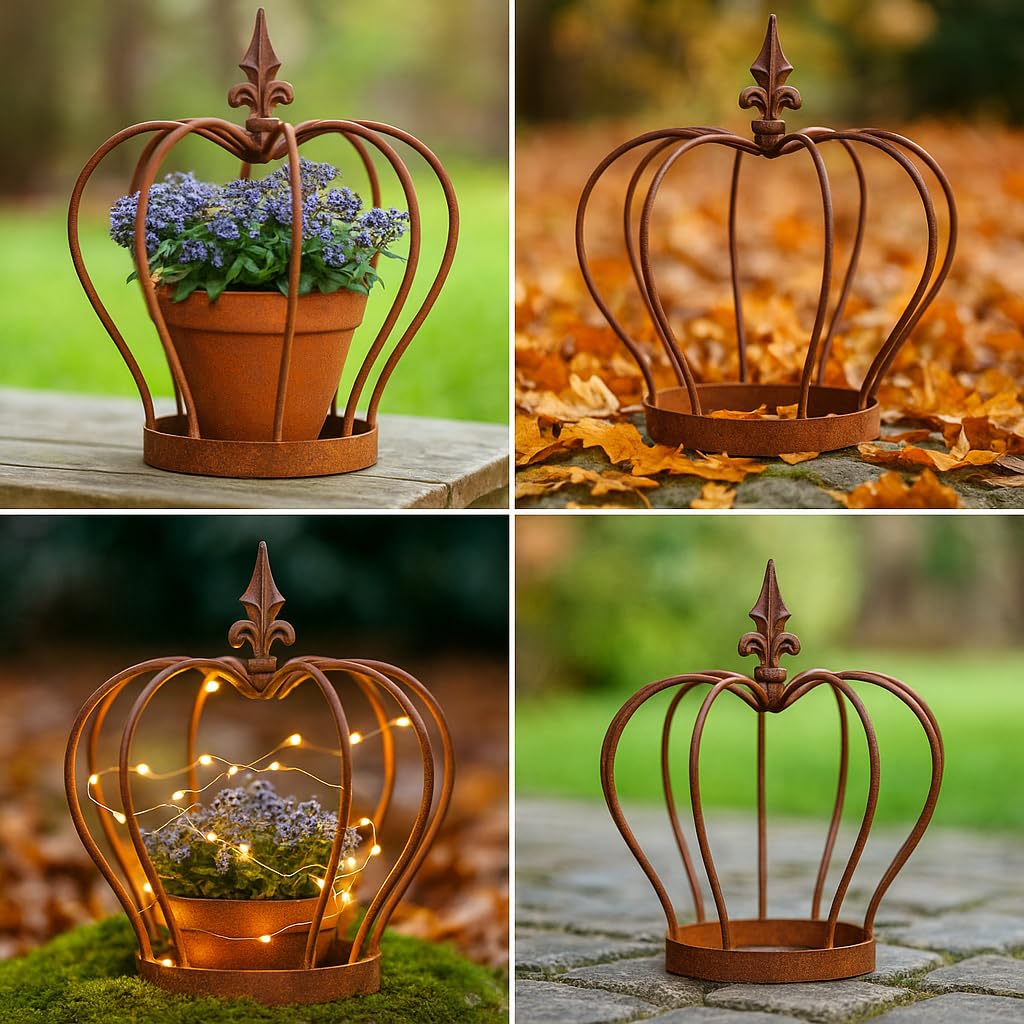Gartenkrone aus Edelrost-Metall, filigran mit Spitze, bepflanzbar (36 x 37 cm) – rustikale Dekokrone für Haus & Garten, ideal als Pflanzenkrone und Gartenornament