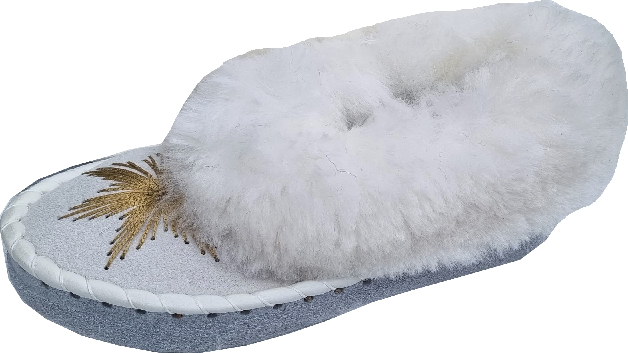 Generisch LAMMFELL Warme HAUSSCHUHE Mokassin Gr.36-37-38-39-41-42 NEU, Schaffell/-leder Schuhweite:NORMAL Handarbeit *Weiß* Gold Bestickt
