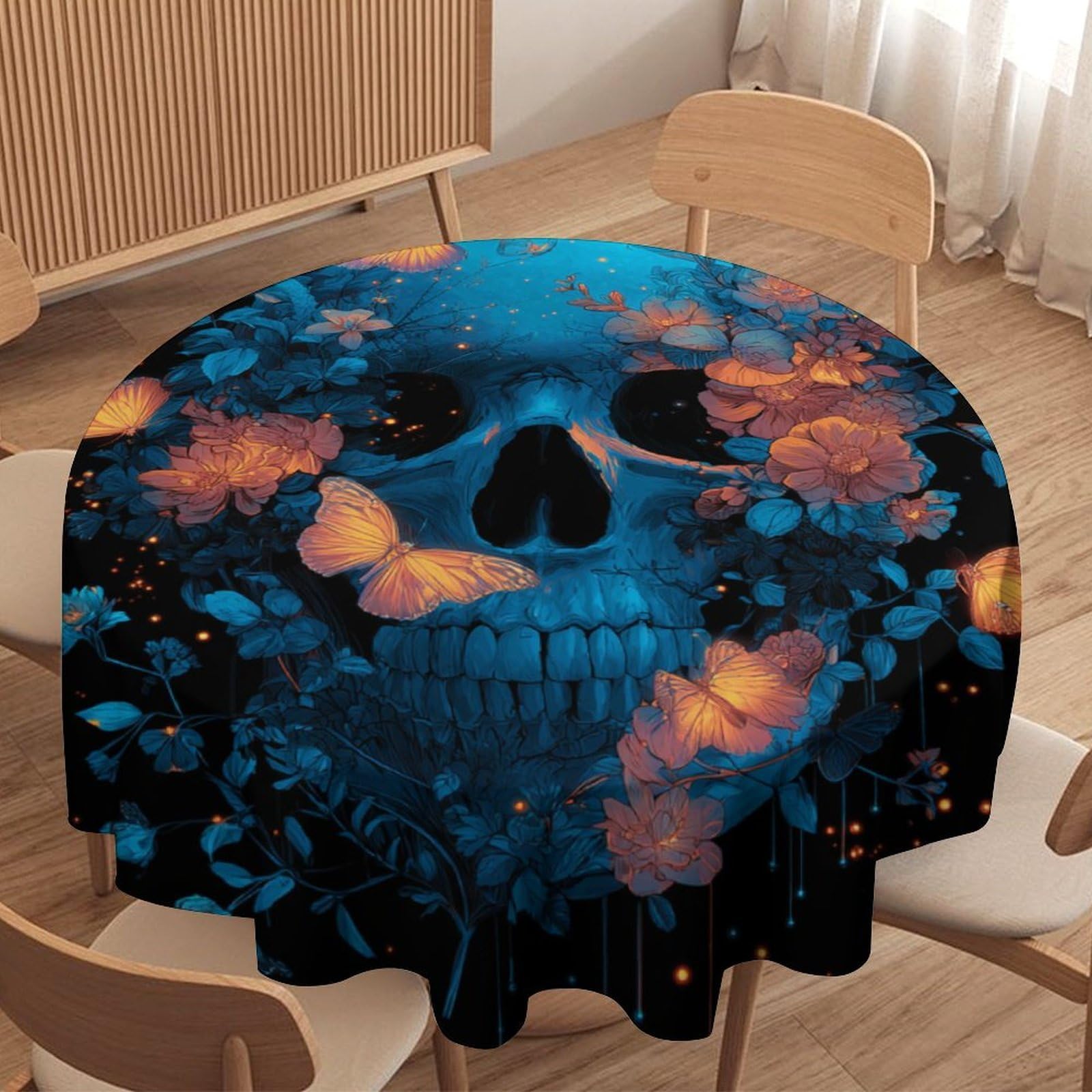 LUYYSKY Minimalist Classic Gothic Skull Round Tablecloth Cool Oil Painting Skull Skeleton Daisies Flowers Animal Butterfly Washable Decor for Table Cover for Kitchen-127 Wx127 L cm