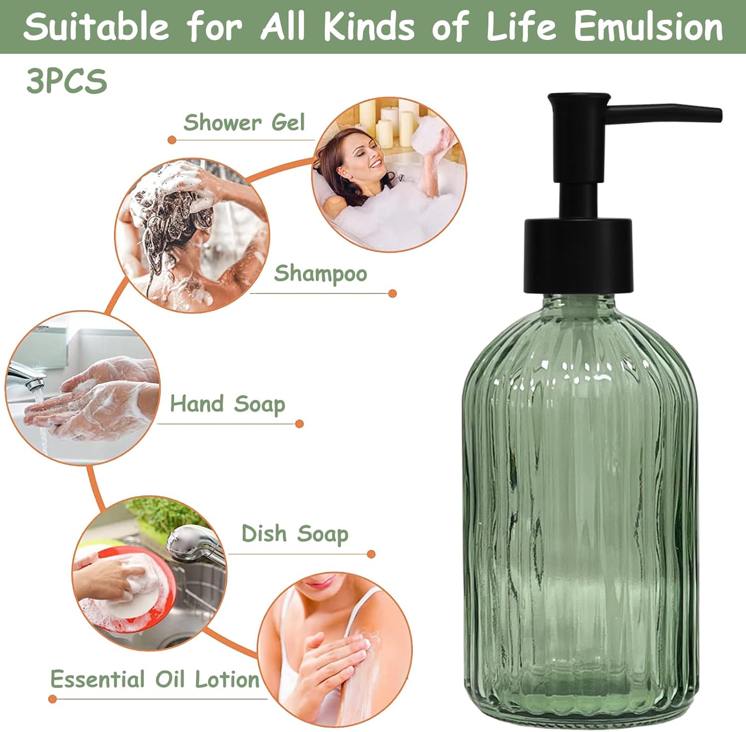 Green Glass Soap Dispenser Set with Black Pump, 13.5oz Liquid Hand Soap Dispenser, Lotion Dish Soap Dispenser for Modern Home Decor, Bathroom, Kitchen Countertop, Hotel(3 Pack) - Image 4