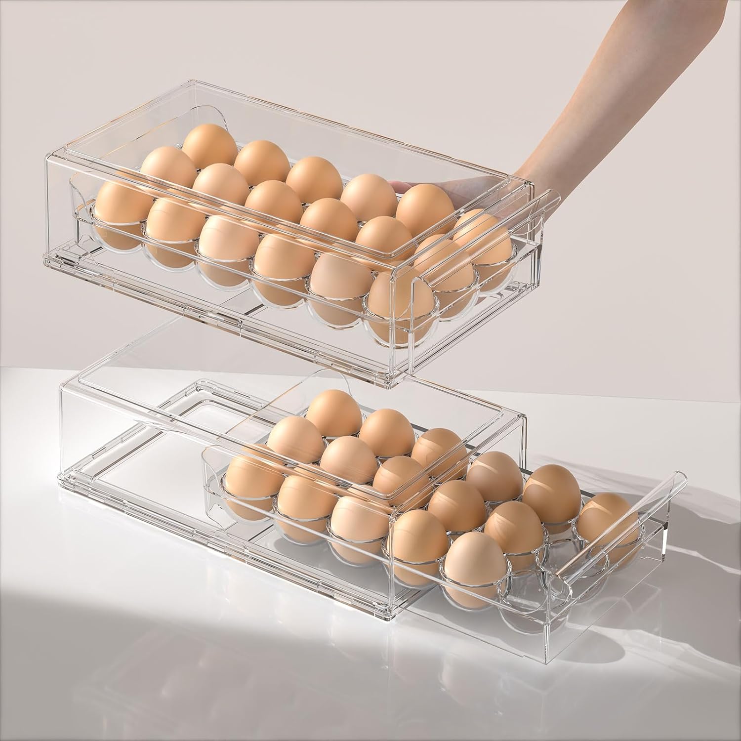 Egg Storage for Refrigerator, Stackable 18 Egg Holder for Fridge, BPA Free Refrigerator Organizer Bins, Transparent Egg Dispenser